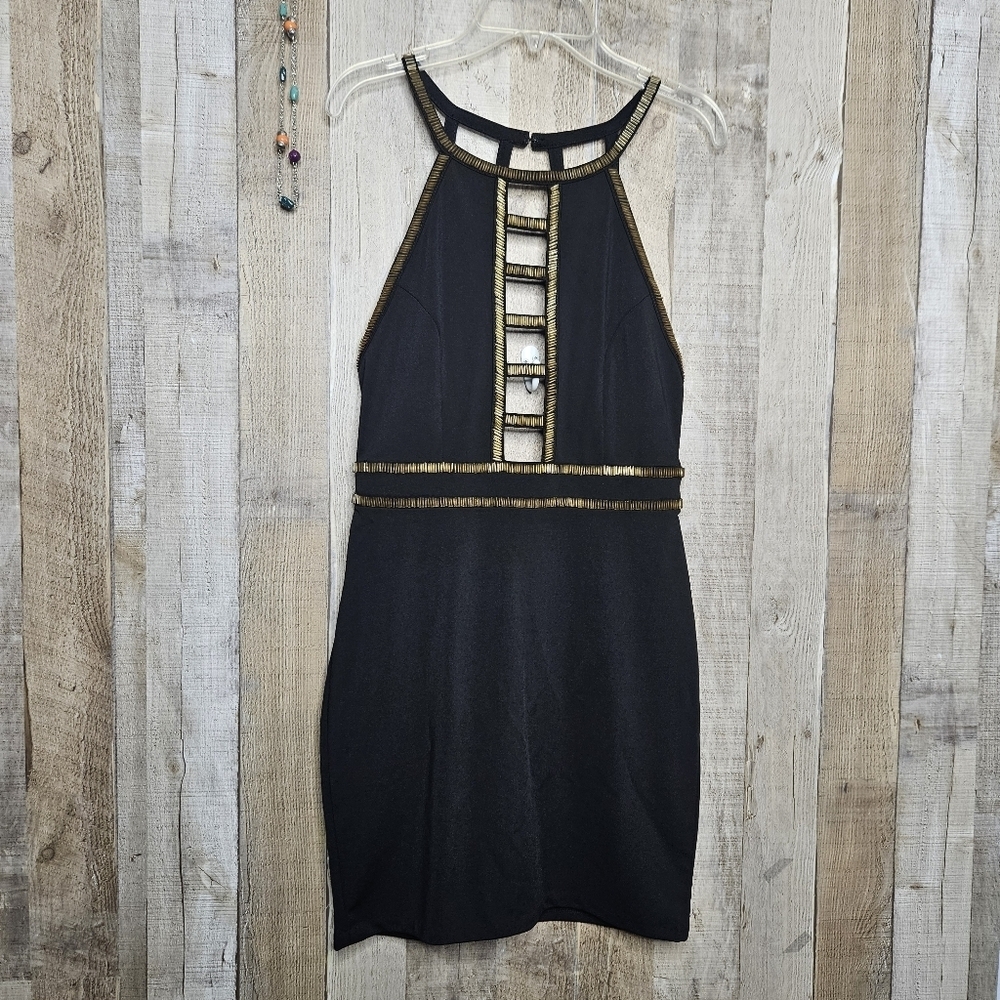 Angl Sleeveless Bodycon Black Gold Embellished Halter Cutout Mini Dress Small